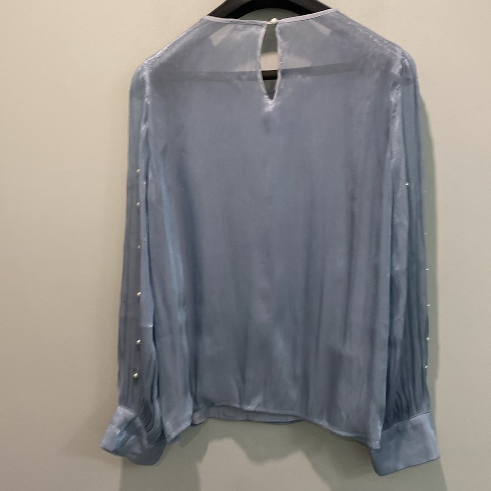 Pearl-Embellished Light Blue Long-Sleeve Women's Top - Picture 5 of 16